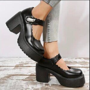 NEW Black Chunky Platform Heel Mary Jane Loafers with Strap